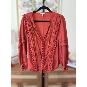 Rebecca Taylor NYC Embroidered Button Up 3/4 Sleeve Blouse in Color Brick Size 8